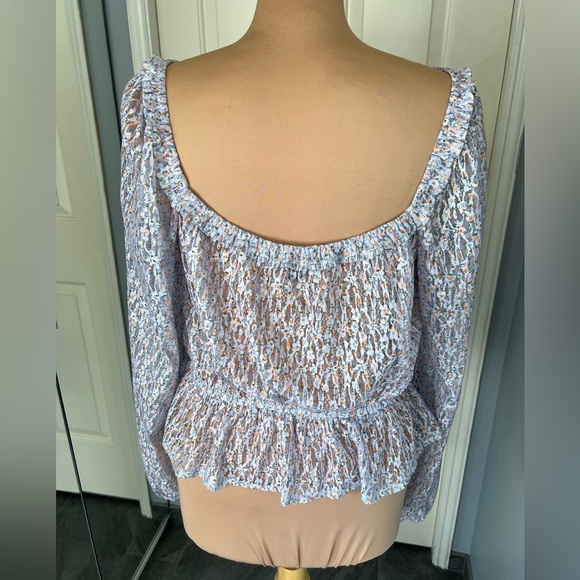Lulus Lavender Floral Lace Balloon Sleeve Faux Wrap Peplum Top - Picture 5 of 8